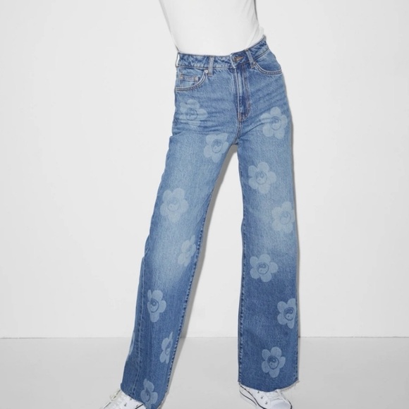 clockhouse Denim - Floral Blue Women's Jeans high waist wide leg Size 28